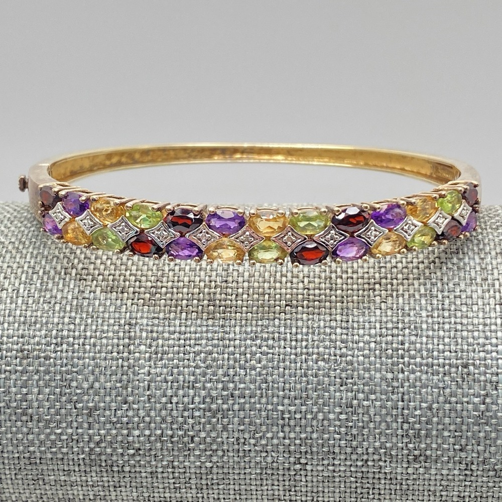 Unsigned 925 Sterling Silver Bangle Vintage Multi Gemstone Gold 7"